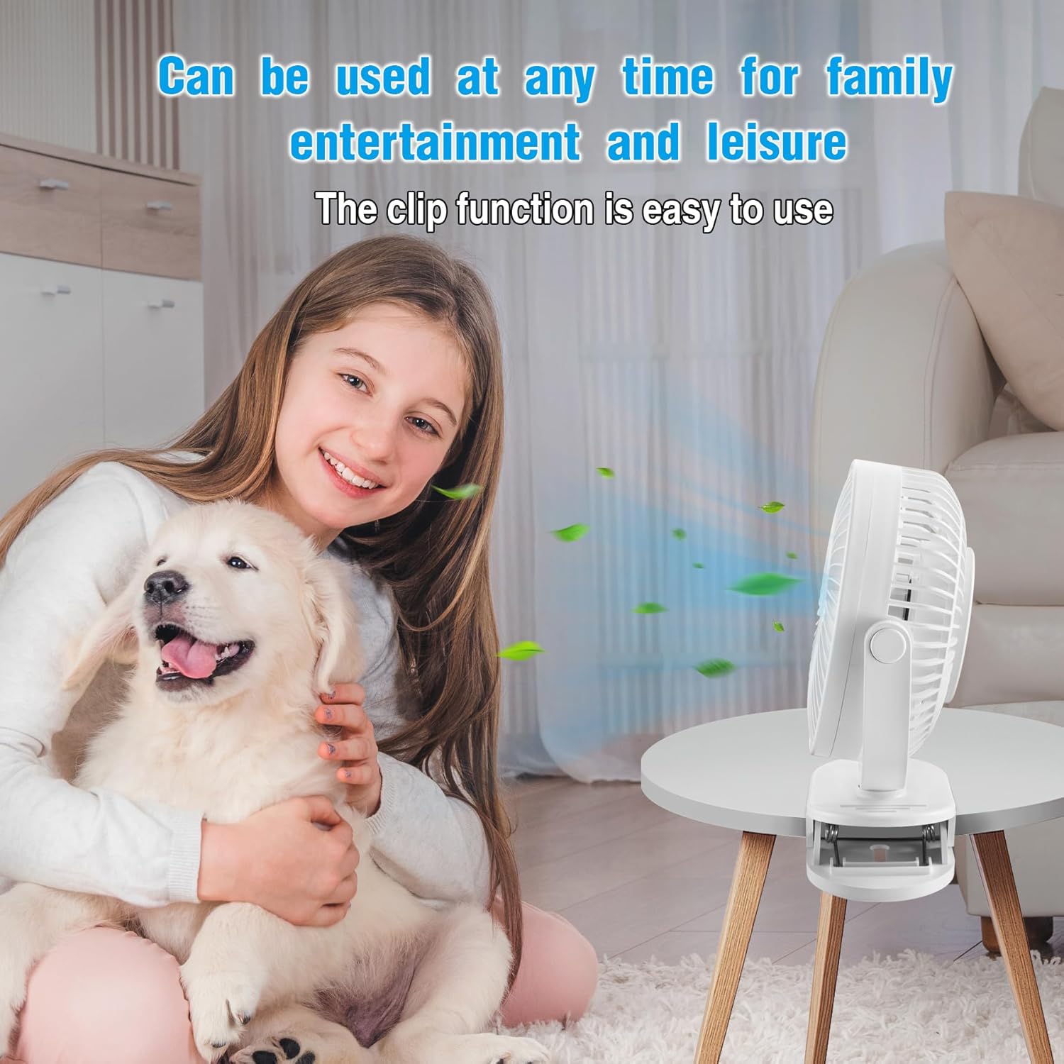 Wiederaufladbarer Clip-Ventilator, 20 cm (8 Zoll) Durchmesser, batteriebetrieben, USB-Anschluss, 5 Geschwindigkeitsstufen, starker Luftstrom, robuste Klemme für Golfwagen, Büro, Schreibtisch und Outdoor