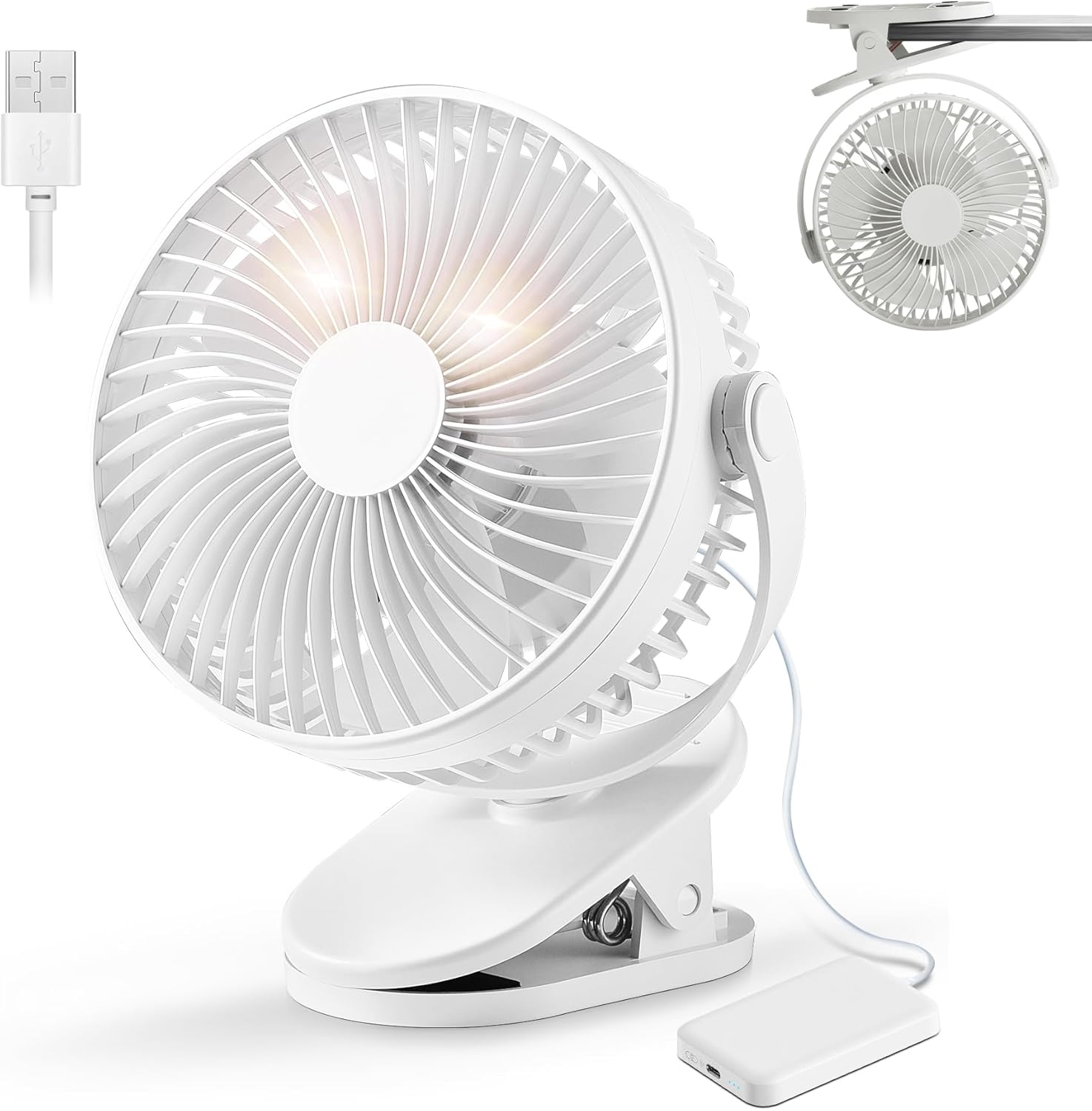 Wiederaufladbarer Clip-Ventilator, 20 cm (8 Zoll) Durchmesser, batteriebetrieben, USB-Anschluss, 5 Geschwindigkeitsstufen, starker Luftstrom, robuste Klemme für Golfwagen, Büro, Schreibtisch und Outdoor