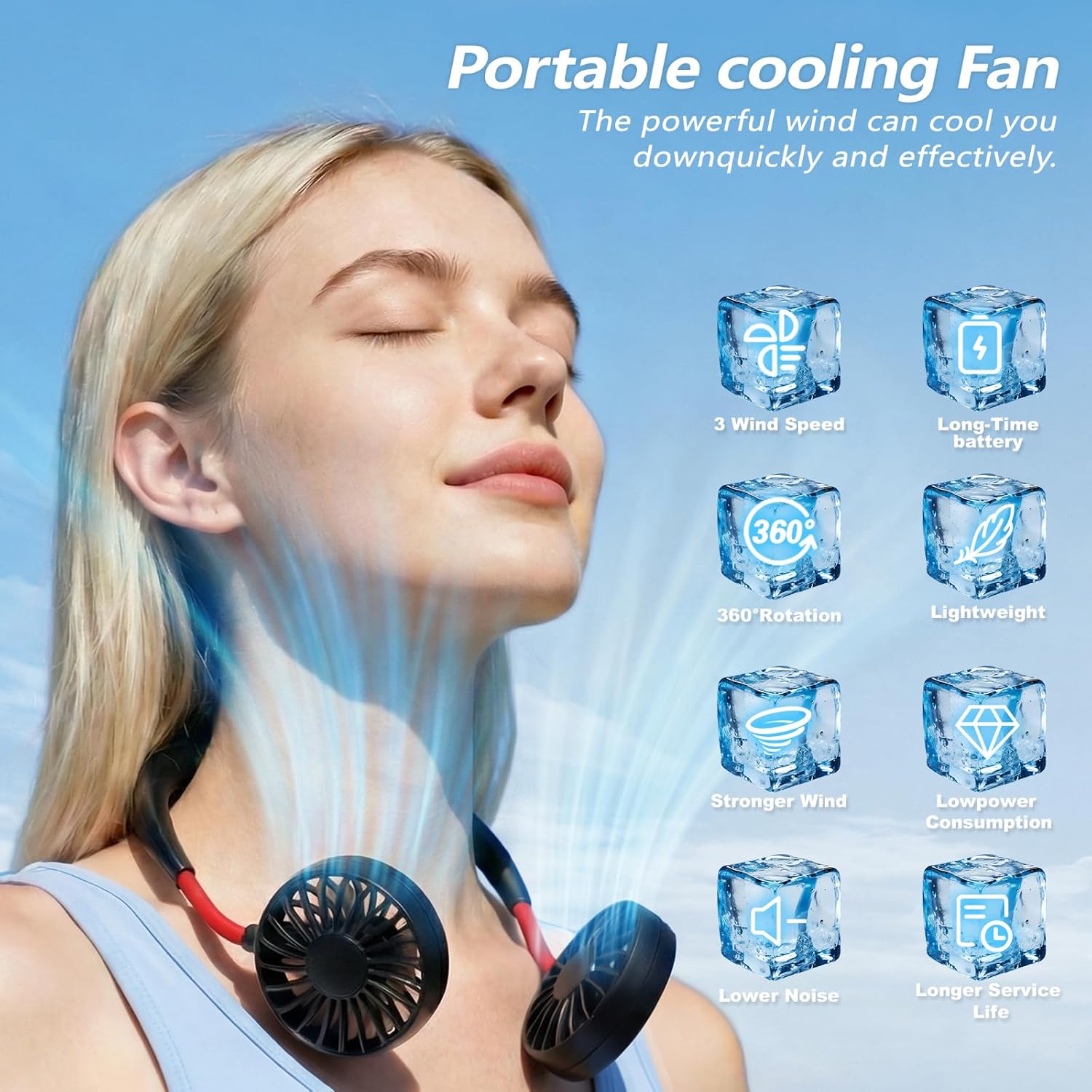 Tragbarer, wiederaufladbarer Nackenventilator: Persönlicher, tragbarer Ventilator zur Kühlung des Halses, der kühle Luft abgibt – für Männer und Frauen – mit USB-Anschluss und Akku.