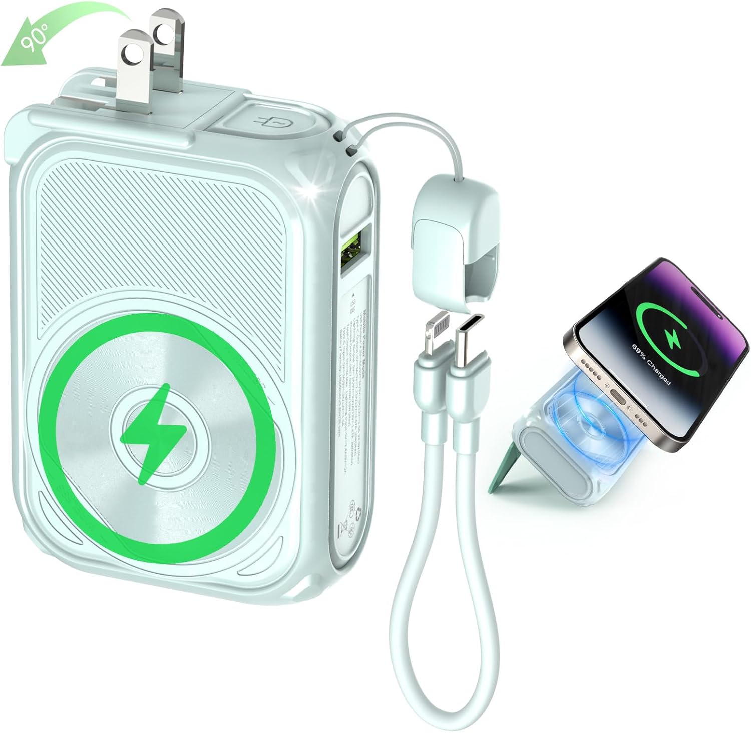 Tragbares Ladegerät, magnetische Powerbank, kleine Powerbank, Akkupack 10000mAh, ideal für unterwegs, Schnellladefunktion mit integriertem Kabel