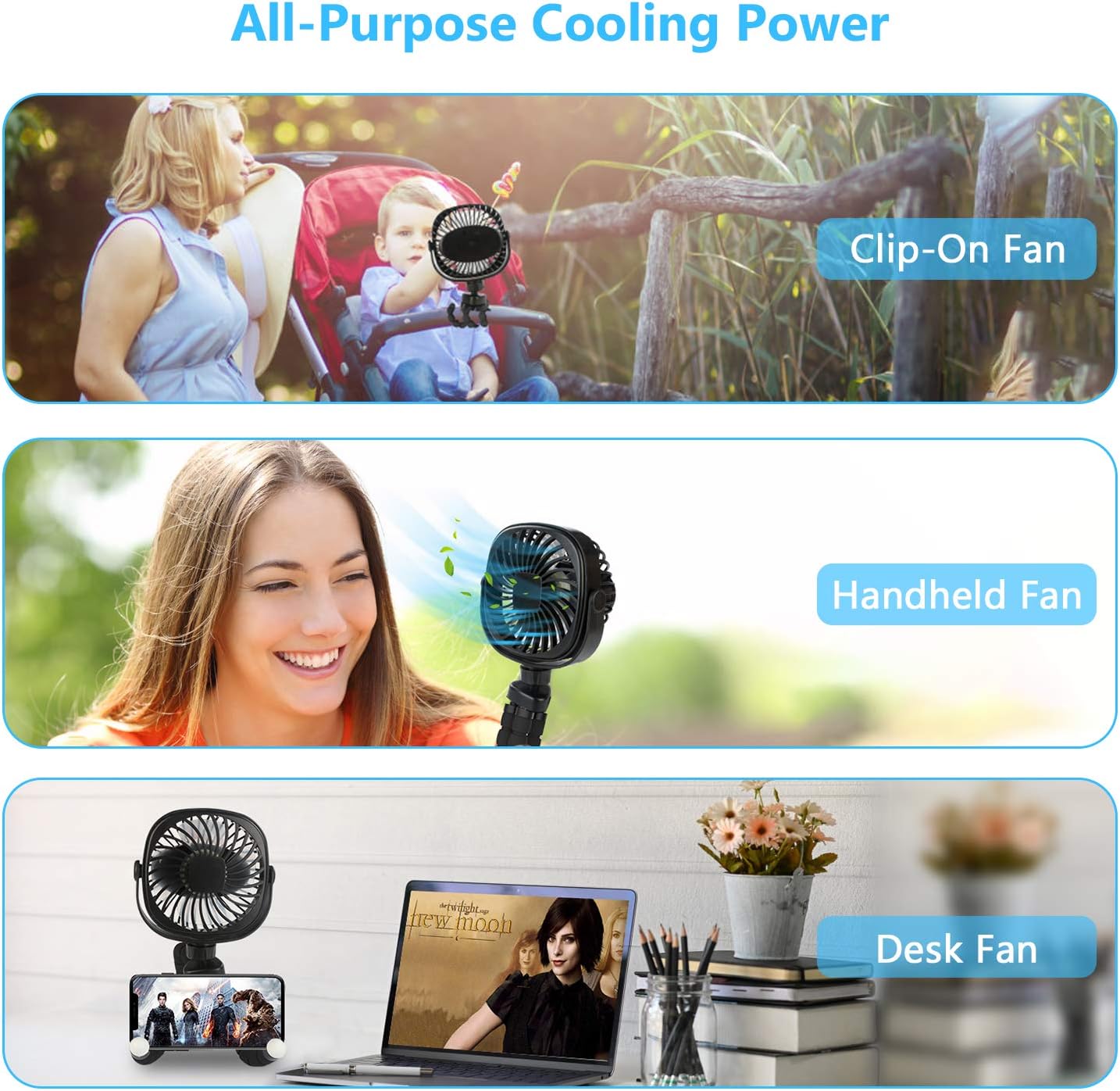 Kinderwagenventilator, tragbarer Handventilator mit Clip, persönlicher Tischventilator für Babys mit flexiblem Stativ, 3 Geschwindigkeitsstufen, 360°-Drehung, USB-Ventilator für Kinderwagen